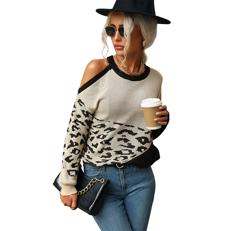 Chic Off-Shoulder Leopard Print Sweater for Stylish Autumn and Winter Fashion