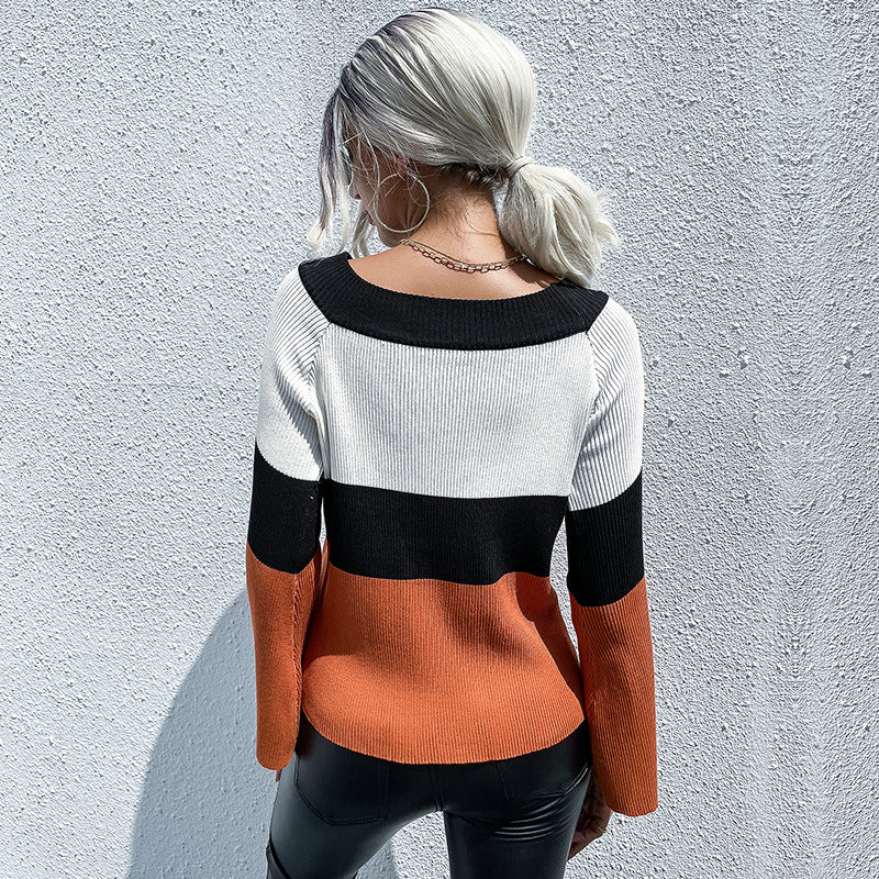 Autumn Winter Loose Women's Casual Fashion Patchwork Long-Sleeved Sweater Female Autumn