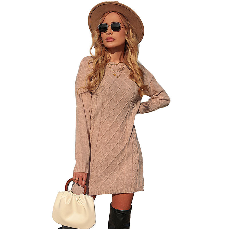 Knitting Casual Loose Twist Long-Sleeved Round Neck Sweater Dress