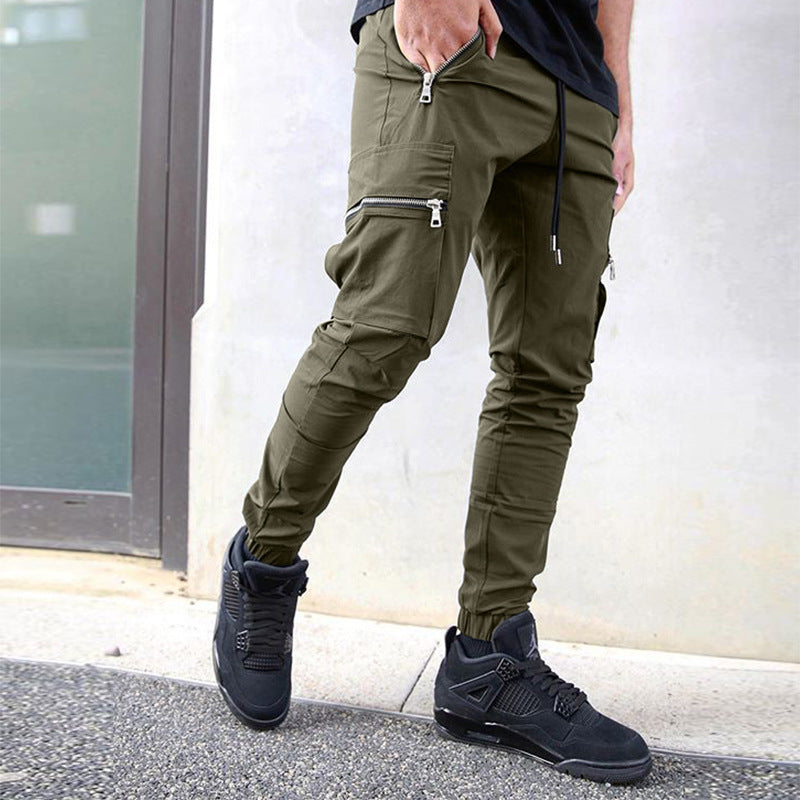 Multi-Pocket Sports Basketball Zipper Cargo Pants Small Feet Casual Men's Pants