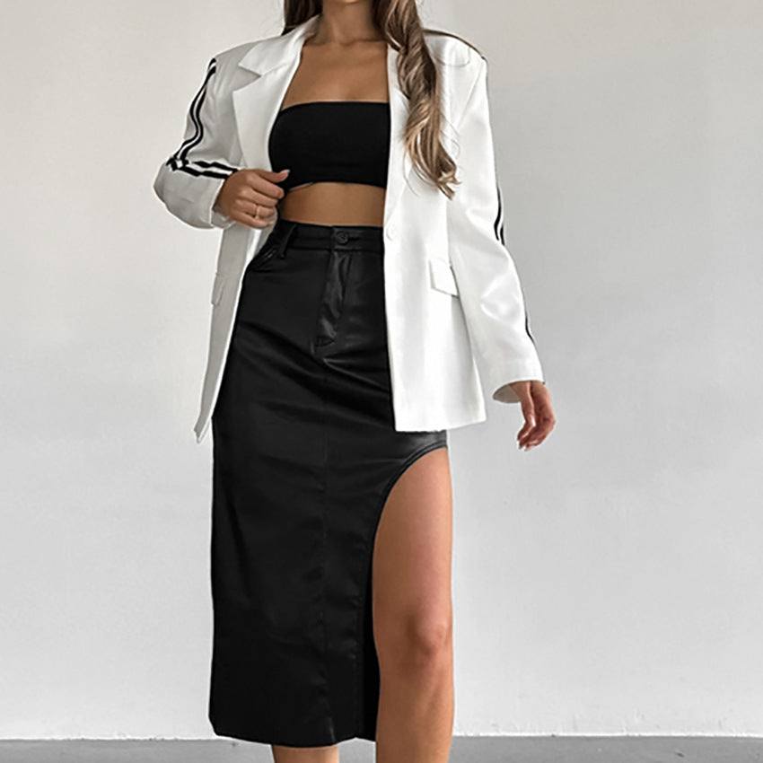 Khaki And Velvet Faux Leather Stretch Slit Skirt New Fall Fashion Women's Dress
