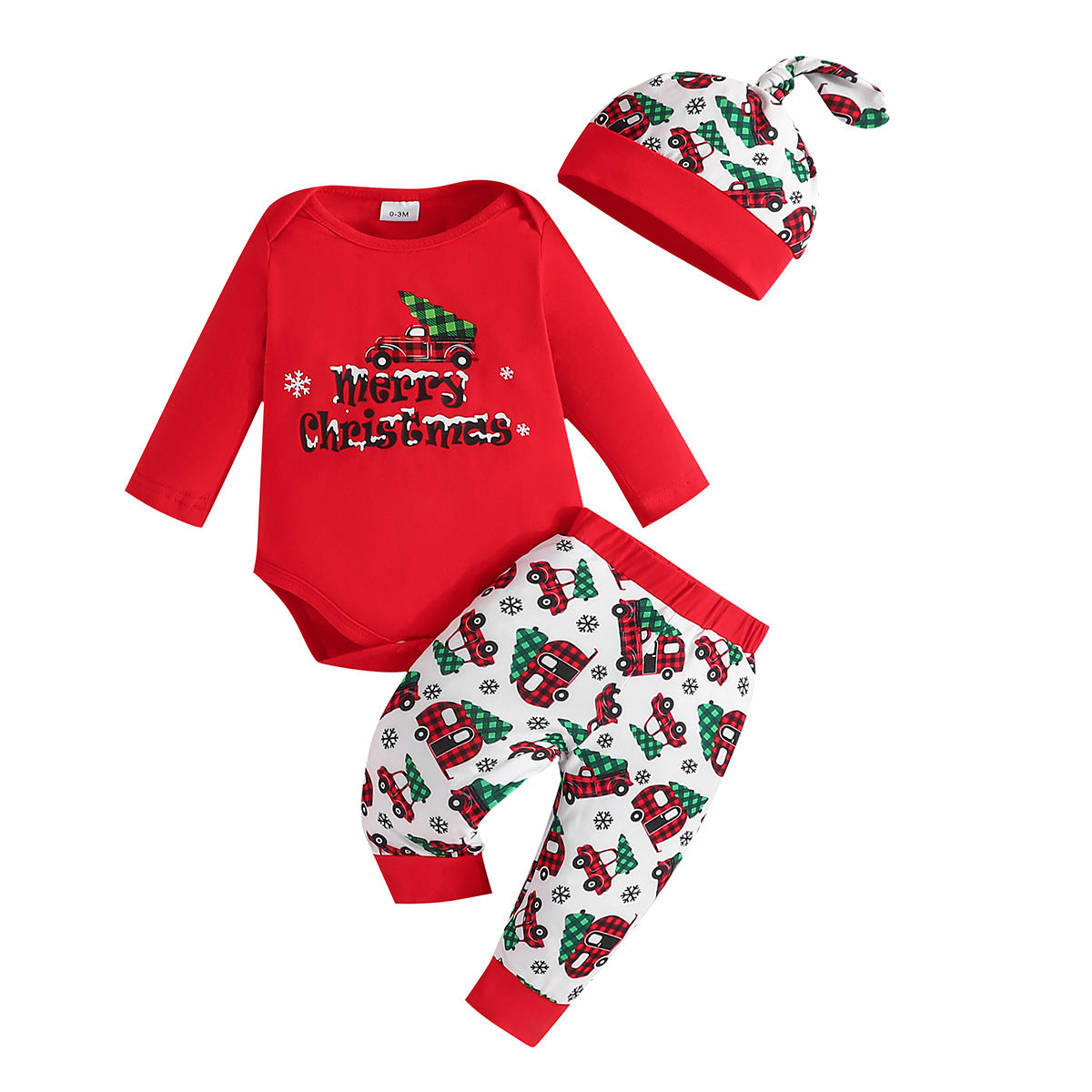 New Christmas Elk Print Top + Christmas Pattern Pants + Christmas Hat Three-Piece Set