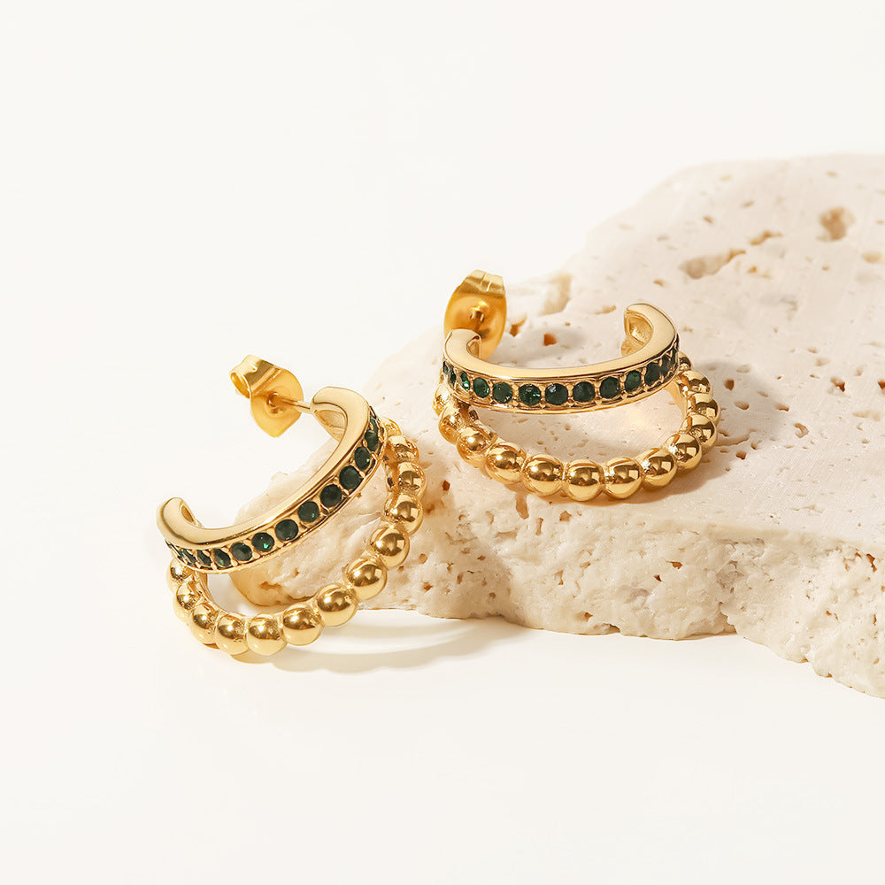 5pcs 18K Gold Plated Stainless Steel Fashion Matching C-Shaped Double Gold Beads Inlaid With Green Diamond Earrings Jewelry Women