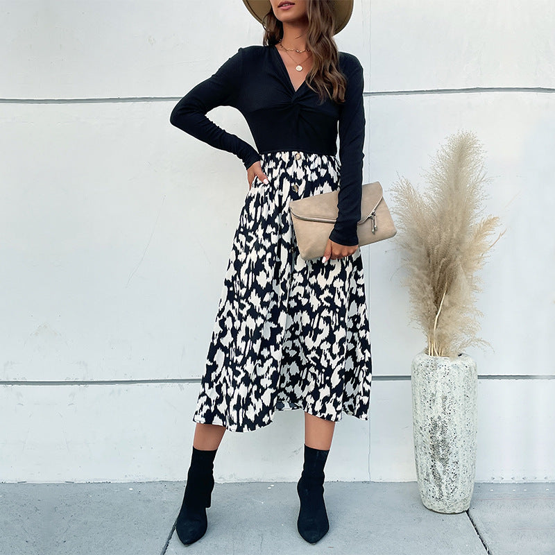 New Autumn And Winter New V-Neck Dress Color Long-Sleeved Dress