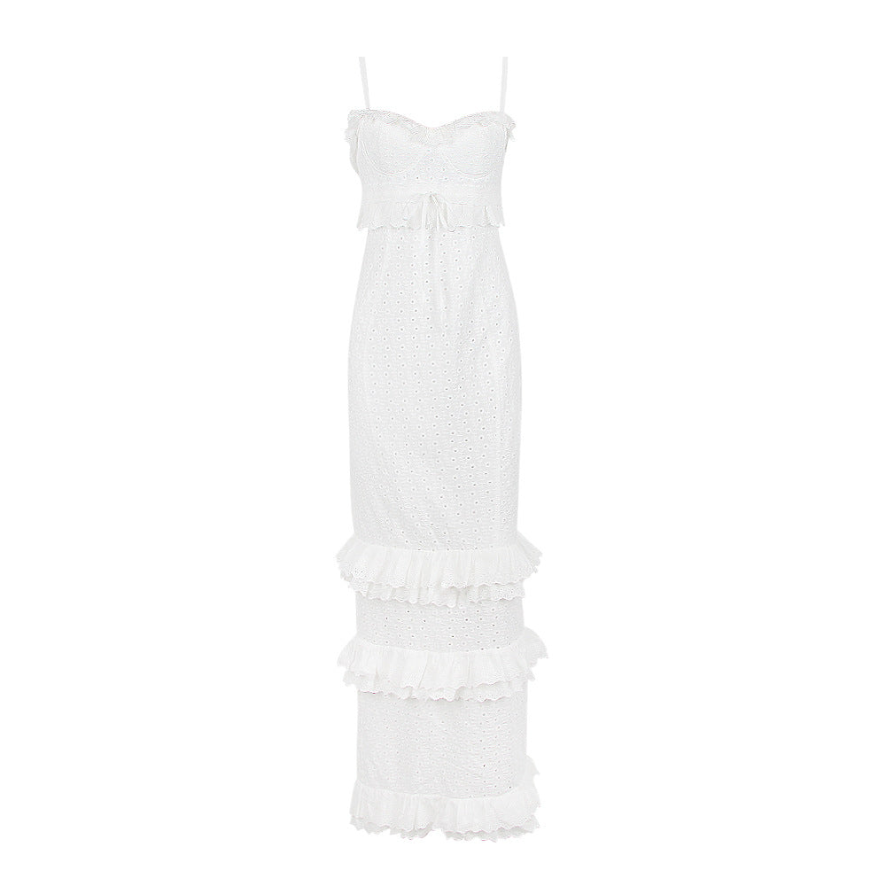 Women's New Sexy Dress White Hook Flower Suspender Long Dress Slim Dress