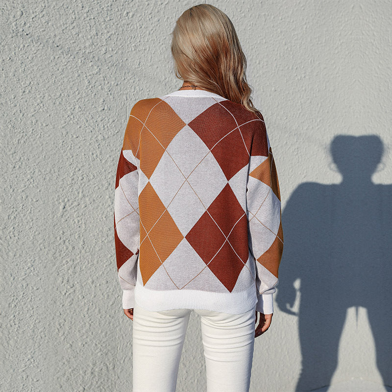 New Autumn Women's Crew-Neck Pullover Knitted Diamond Check Sweater Women