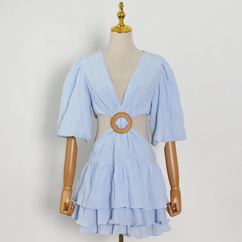 Dew Waist A-Line Skirt Autumn New Careful Machine Sexy Solid Color V-Neck Bubble Sleeve Dress Woman