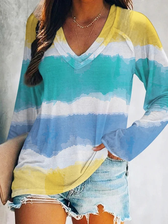 Autumn And Winter Women's Tie Dye Gradual Print V-Neck Long Sleeve T-Shirt Woman