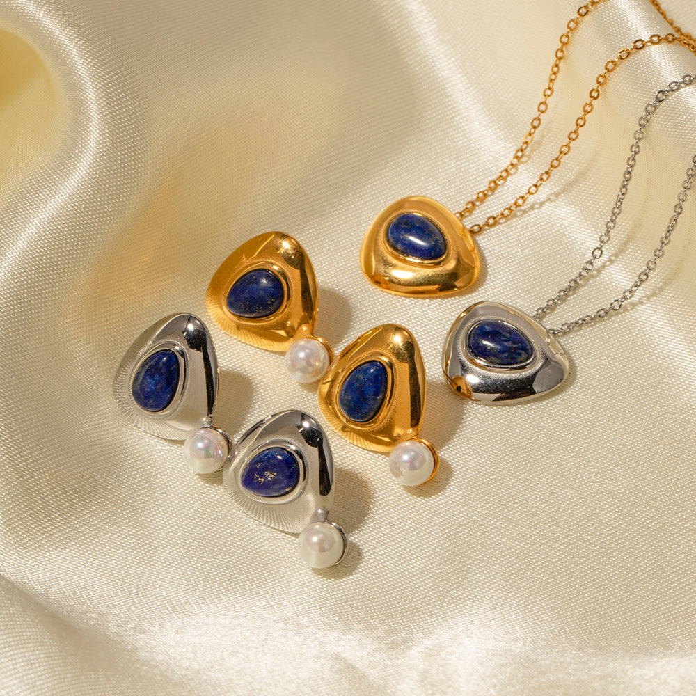5pcs Summer New Style Retro Inlaid Lapis Lazuli Cold Metal Temperament All-Matching Titanium Steel Necklace