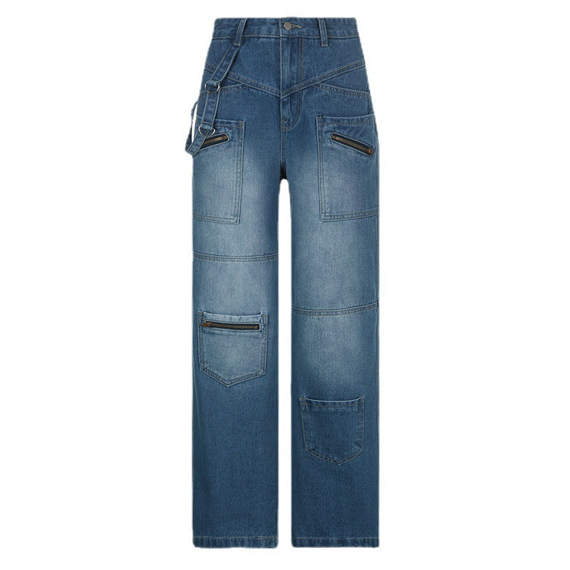 Tall Multi-Pocket Zipper Jeans Women New Straight Leg Wide Pants With Streamers
