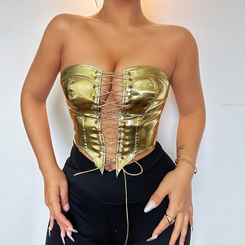 Summer New Fashion People All Fit Bright Leather Strap Girded Waist Spice Girl With Chest Vest Woman