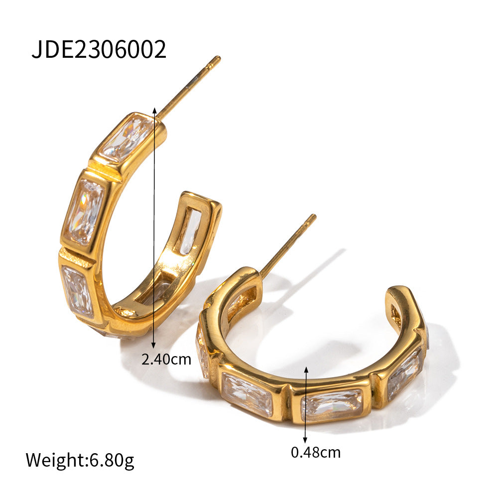 5pcs 18K Gold Stainless Steel Inset Zircon Earrings C-Shaped Advanced Design Do Not Fade Earrings For Women
