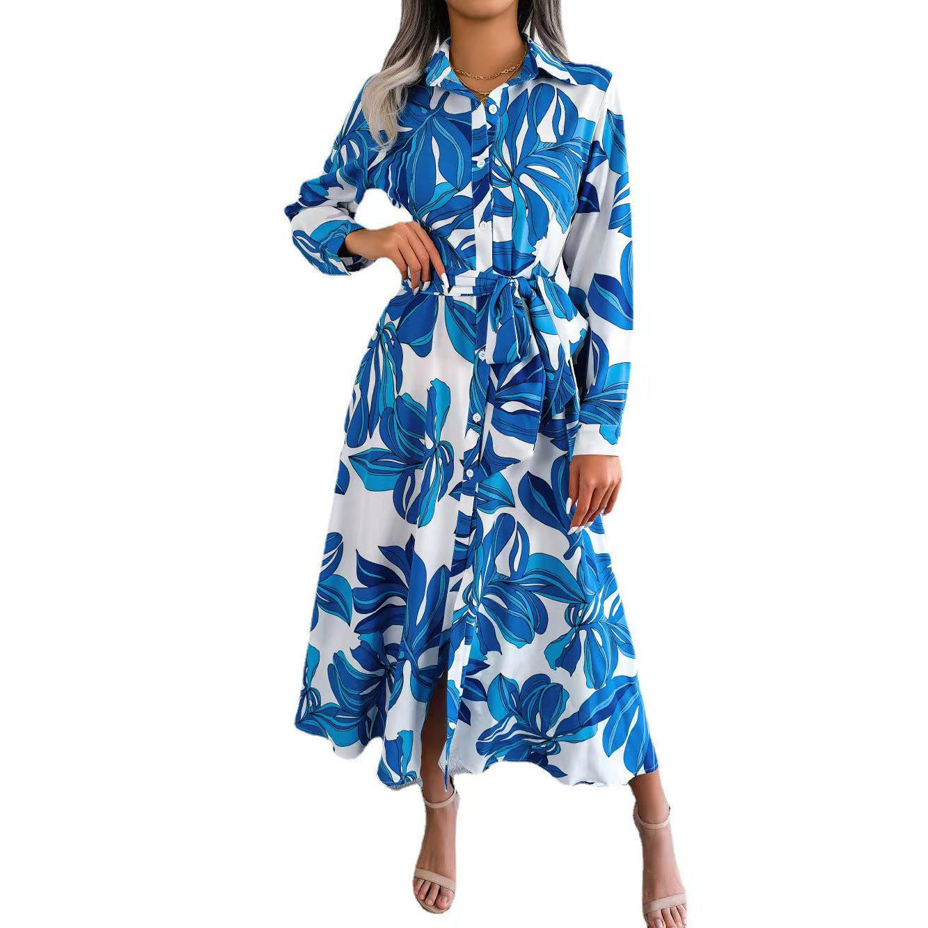 Women's Autumn Winter Color Plant Flower Lapel Print Shirt Skirt Long Dress
