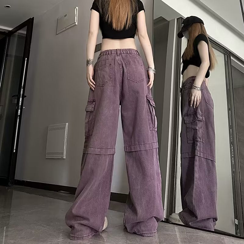 Plus-Size Retro Purple Cargo Jeans Female Spring Summer Spice High-Waisted Baggy Wide-Leg Pants Mop Pants