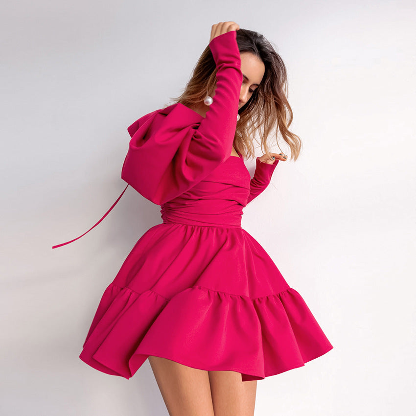 Autumn And Winter Princess Dress Color Square Collar Puffy Sleeve Dress Pompadour Dress Cake Dress Women's Dress