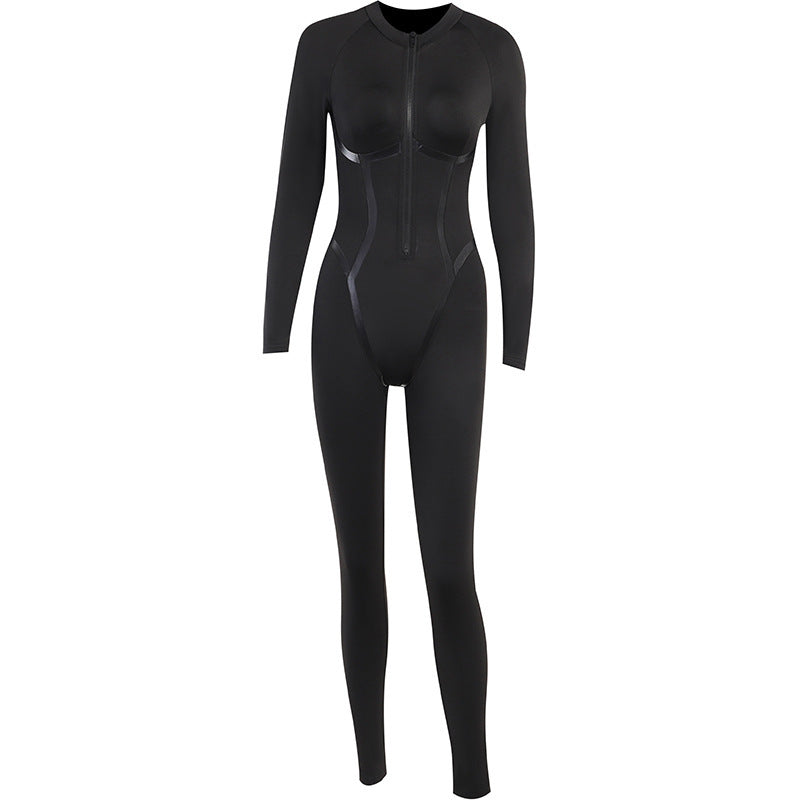 Fashion Sports Leather Ribbon Split Line Long Sleeve Zipper Tight Hip Lift Romper