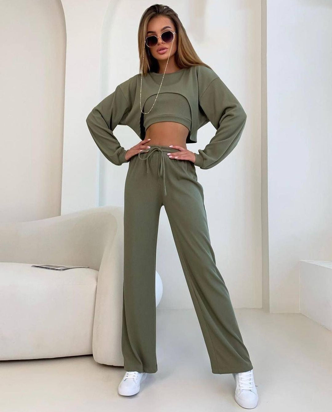New Fashion Round Neck Short Long Sleeve Short Top Trouser Suit Three-Piece Set