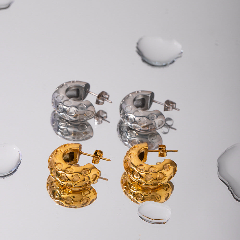 5pcs 18K Gold Plated Stainless Steel Classic 18K Gold Stainless Steel Embossed Heart C Shaped Earrings Women's Fashion Earrings Accessories