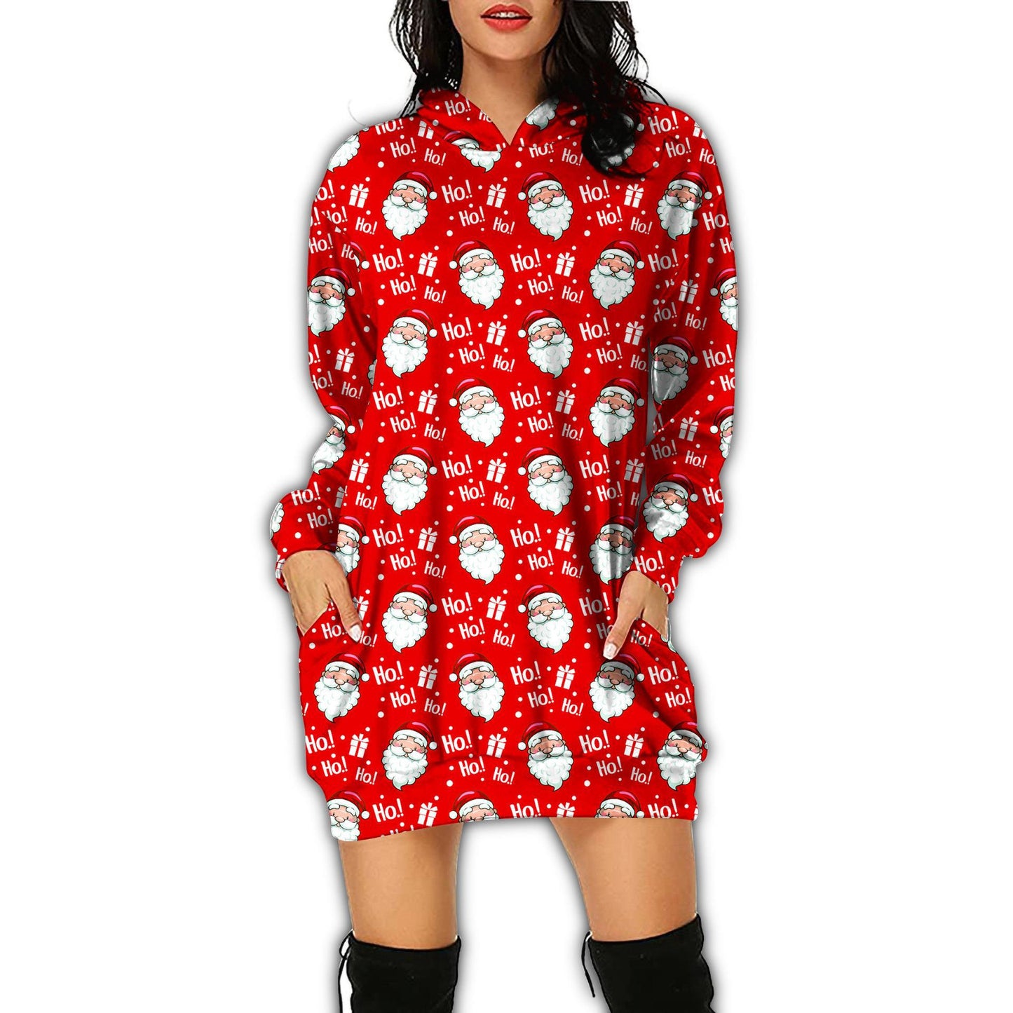 Autumn Women's Print Casual Long-Sleeved Hoodie Dress Christmas Holiday Party Dress