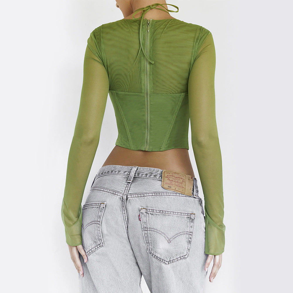Women's Sexy Gauze Long Sleeve Corset Hollow Out Navel Irregular Spice Girl Fishbone Top Female