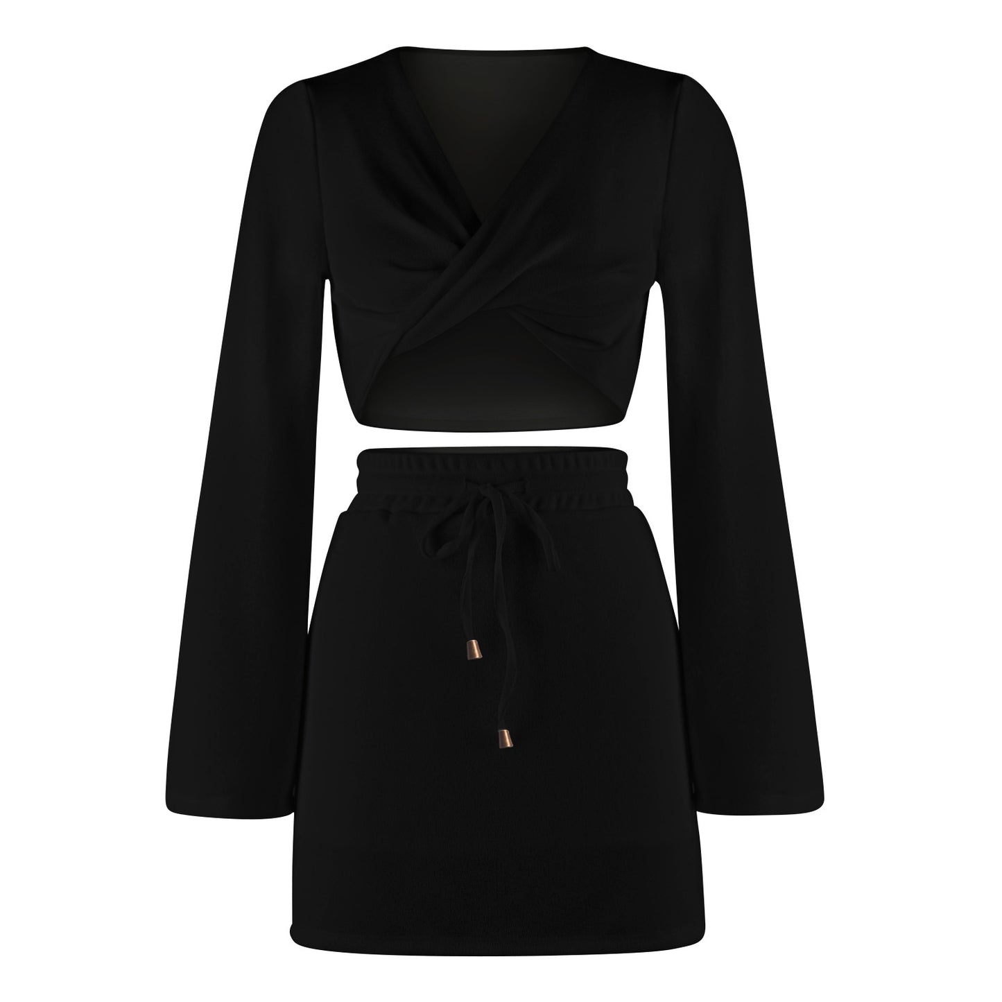 Solid Color Women's Fashion Kink Long Sleeve V-Neck Sexy Top Draw Rope Skirt Autumn Suit