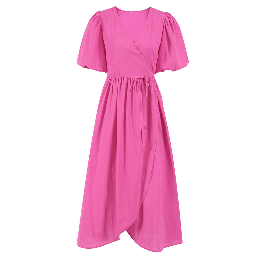 Summer New Cotton Commuter V-Neck Slit High Waist Waist Design Sense A-Line Skirt Dress Women