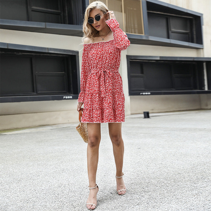 New Women's Floral Long-Sleeved Off-The-Shoulder One-Shoulder Dress
