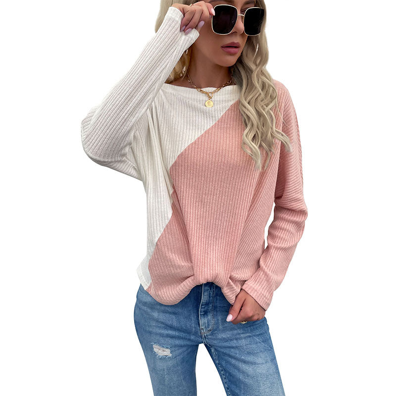 Autumn New Women's Pullover Collocation Color Line Collar Thin Pink Sweater