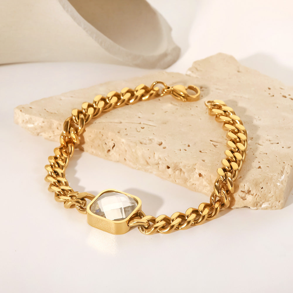 5pcs New Titanium Steel Zircon Pendant Bracelet 18K Gold Glass Stone Rough Cuban Chain Stainless Steel Bracelet Jewelry
