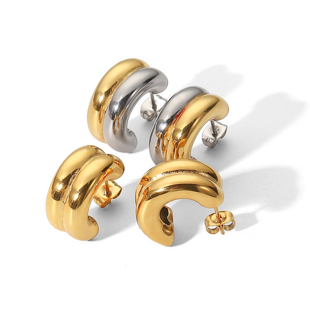 5pcs 18K Gold Stainless Steel Double Earrings Style Gold And Silver Matching Color Titanium Steel Earrings Women's Fashion Personality Earrings
