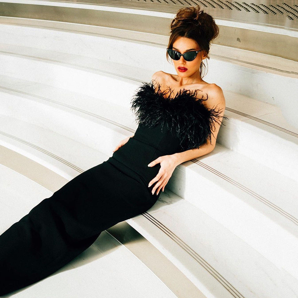New Strapless Bandage Dress Fashion Feather Elegant Tight Wrap Hip Sleeveless Party Banquet Dress