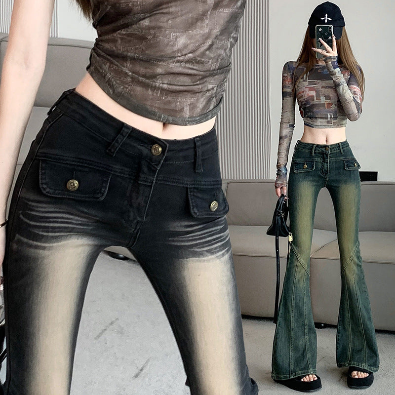 Retro Spice High-Waisted Denim Bell-Bottoms Ladies New Style Denim Pants For Early Fall