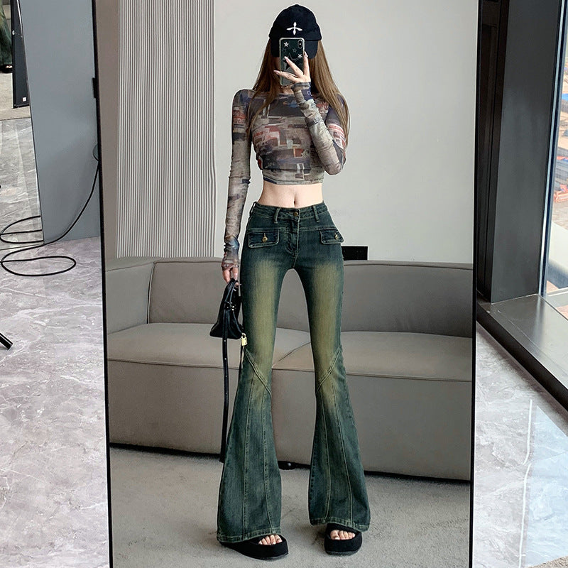 Retro Spice High-Waisted Denim Bell-Bottoms Ladies New Style Denim Pants For Early Fall