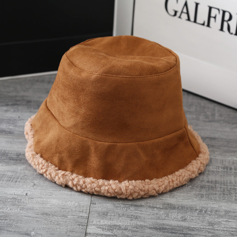 Double-Sided Hat Women's Japanese Lamb Hair Fisherman Hat Winter With Fluffy Deerskin Basin Hat Bucket Hat