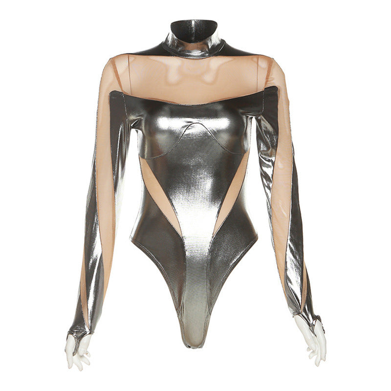 Summer Women's New Sexy See-Through Mesh Stitching One-Piece Top High Waist Casual Pants Suit