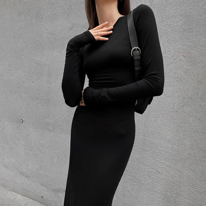 Sexy Black Long Sleeve Round Neck Tight Wrap Hip Skirt Dress Fall Slim-Fit Knitted Long Skirt Women's Dress