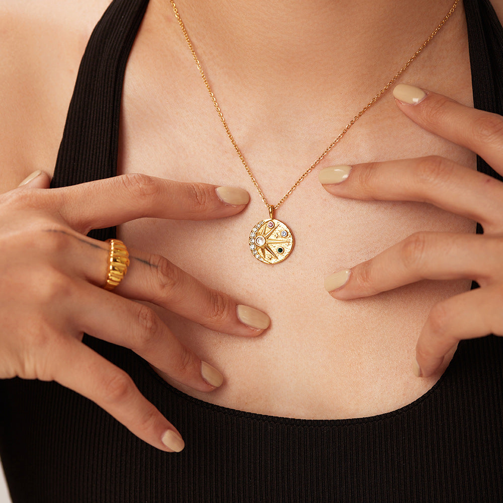 5pcs Stainless Steel Necklace 18K Gold Sun Moon Relief Hammer Inlaid Color Zircon Round Pendant Collar Female