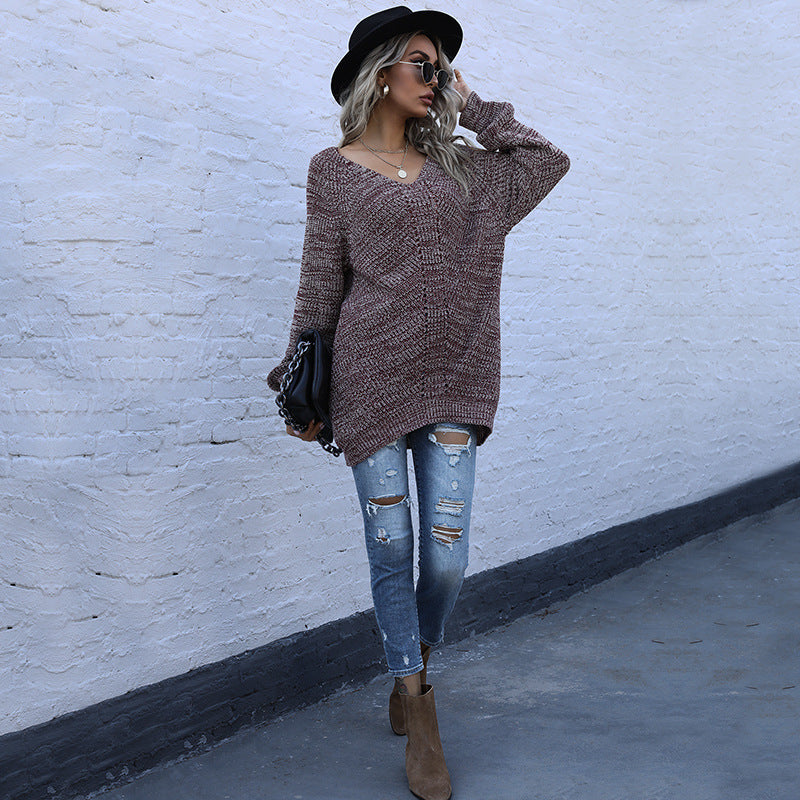 Women's Long-Sleeved Loose V-Neck Sweater with Mixed Colors