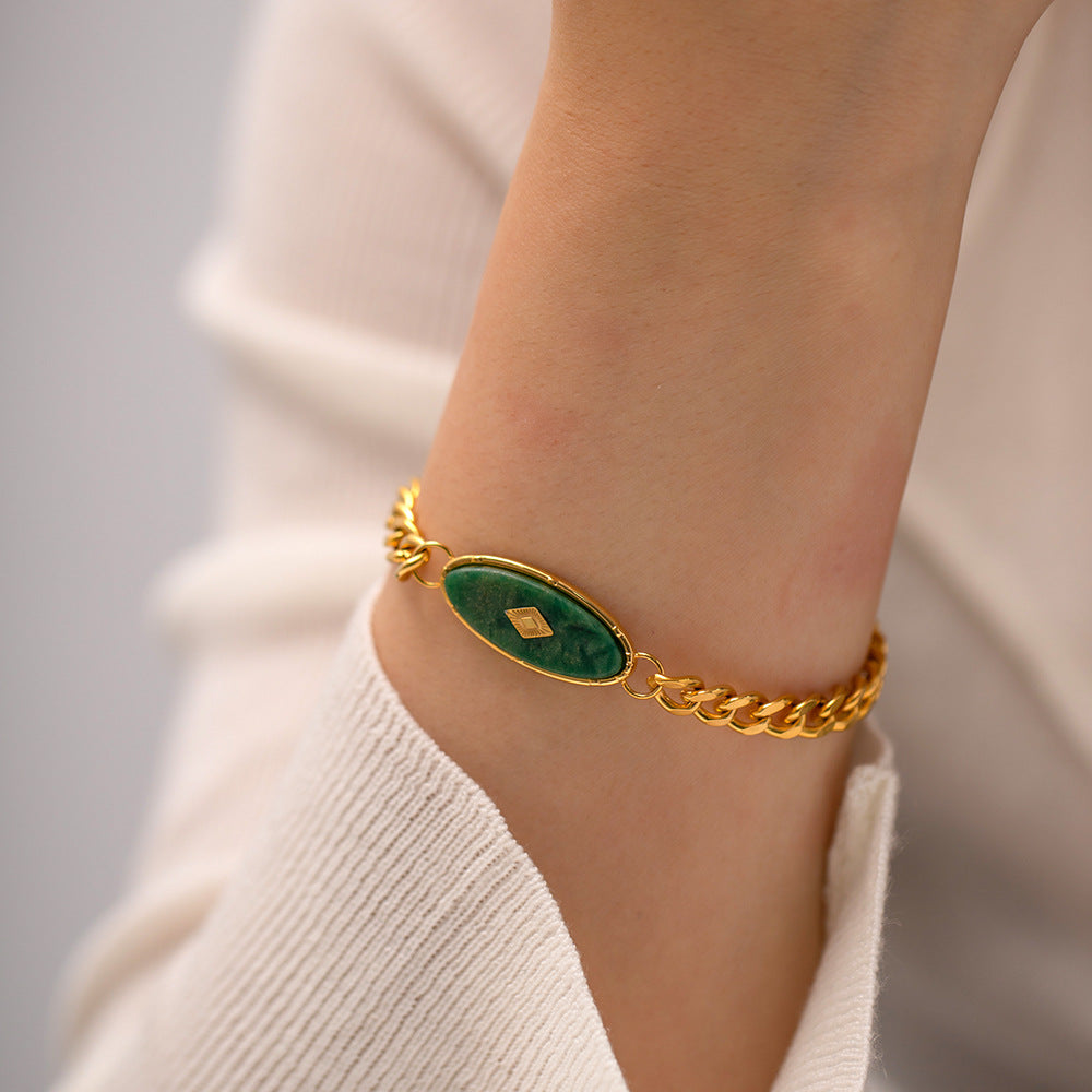 5pcs National Style Inlaid African Jade Retro Bracelet Does Not Fade Light Luxury Niche Titanium Steel Bracelet