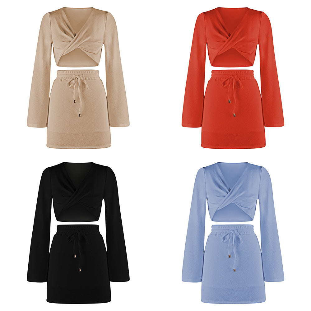 Solid Color Women's Fashion Kink Long Sleeve V-Neck Sexy Top Draw Rope Skirt Autumn Suit
