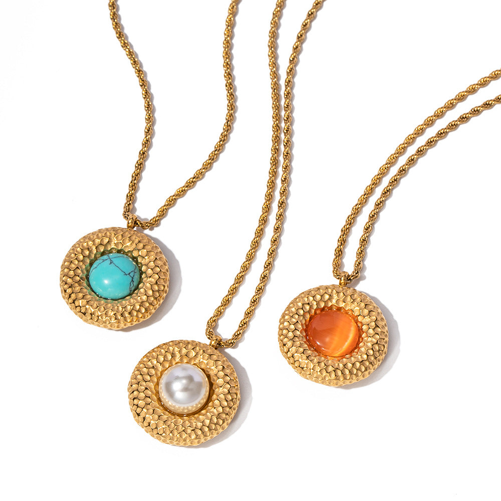5pcs 18K Gold Stainless Steel Hammer Set Cat's Eye Round Necklace Does Not Fade Titanium Steel Jewelry