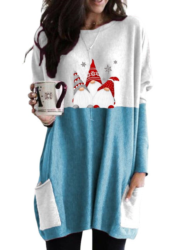 Christmas Printing New Long-Sleeved Color Casual Pocket T-Shirt Shirt Women's Clothing