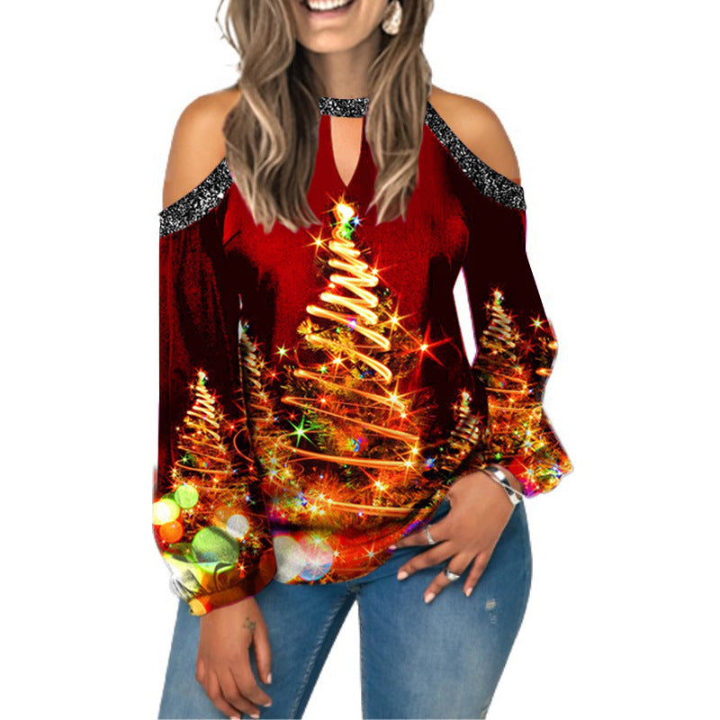 Christmas Moose Print Sexy Off-Shoulder Long Sleeve T-Shirt Lantern Sleeve Women's Wear