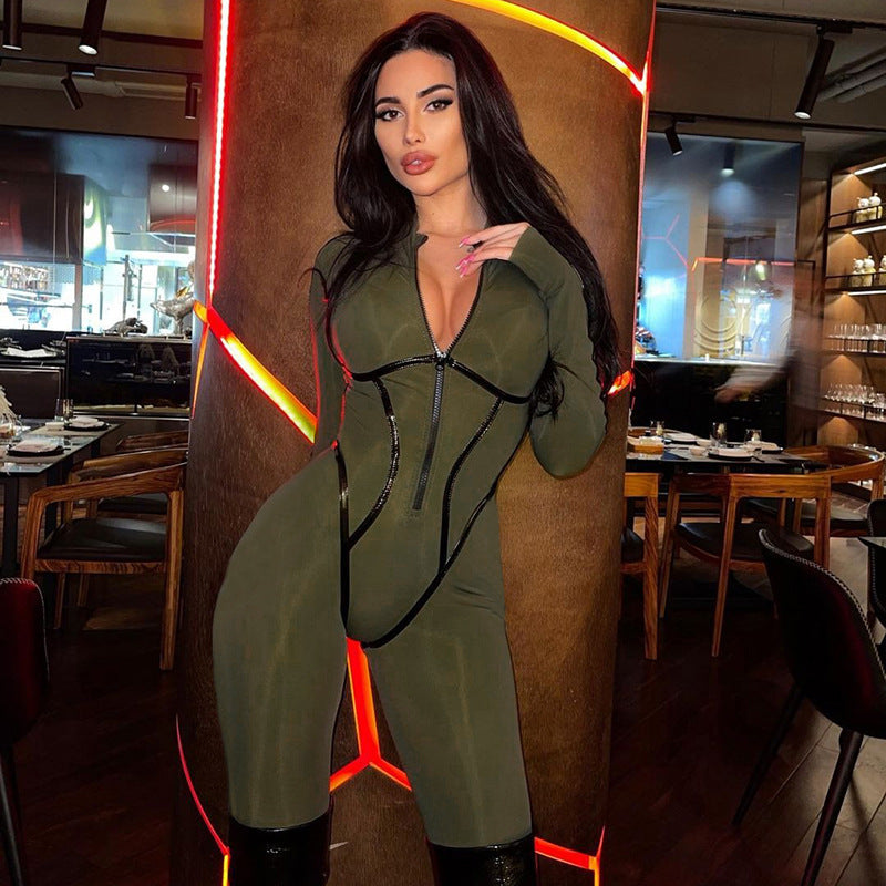Fashion Sports Leather Ribbon Split Line Long Sleeve Zipper Tight Hip Lift Romper