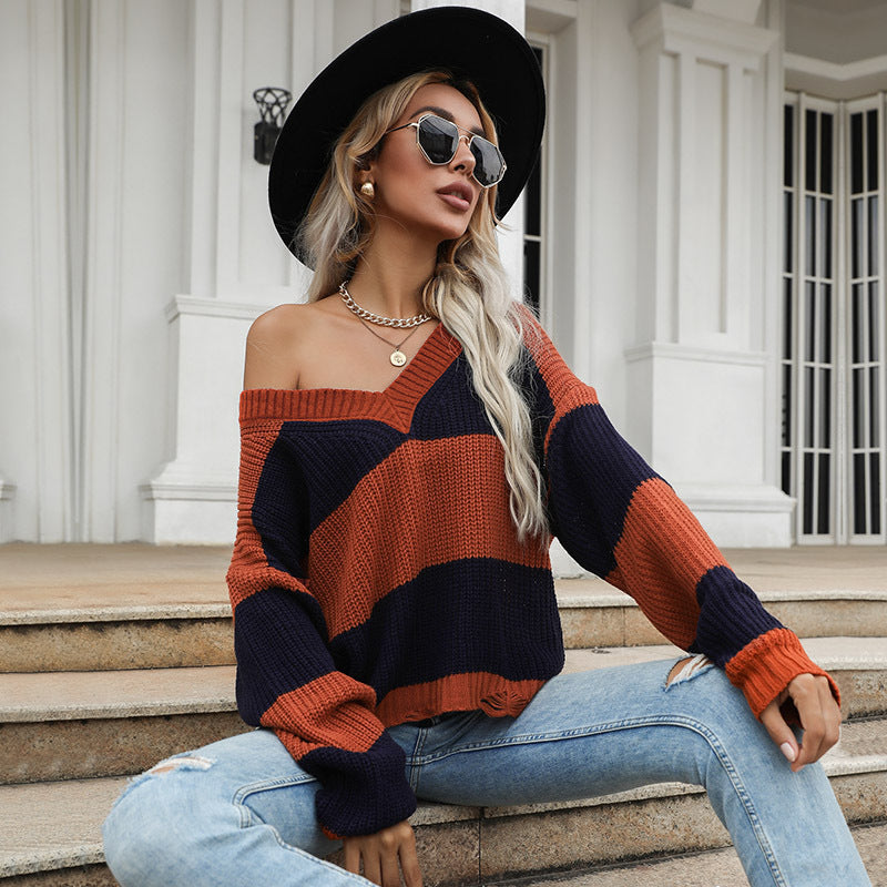 Fashion Women's Autumn Long Sleeve Color Matching Loose V-Neck Sweater To Wear