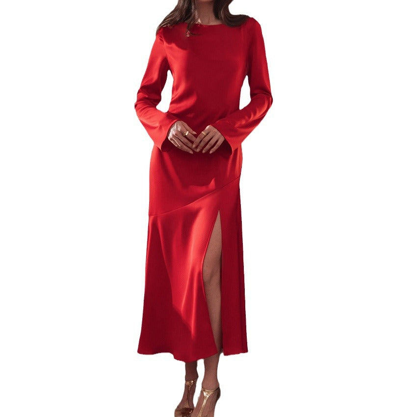 Sexy Acetate Color T-Horn Sleeve Side Slit Dress New Spring Fashion