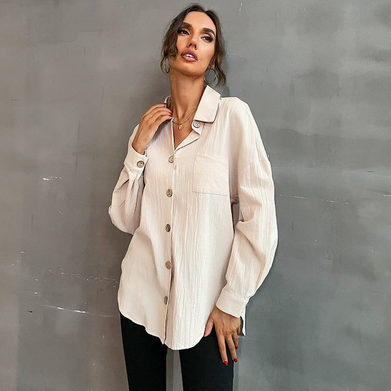 Early Autumn Fashion Casual Long Shirt Lapel Long Sleeve Solid Color Shirt