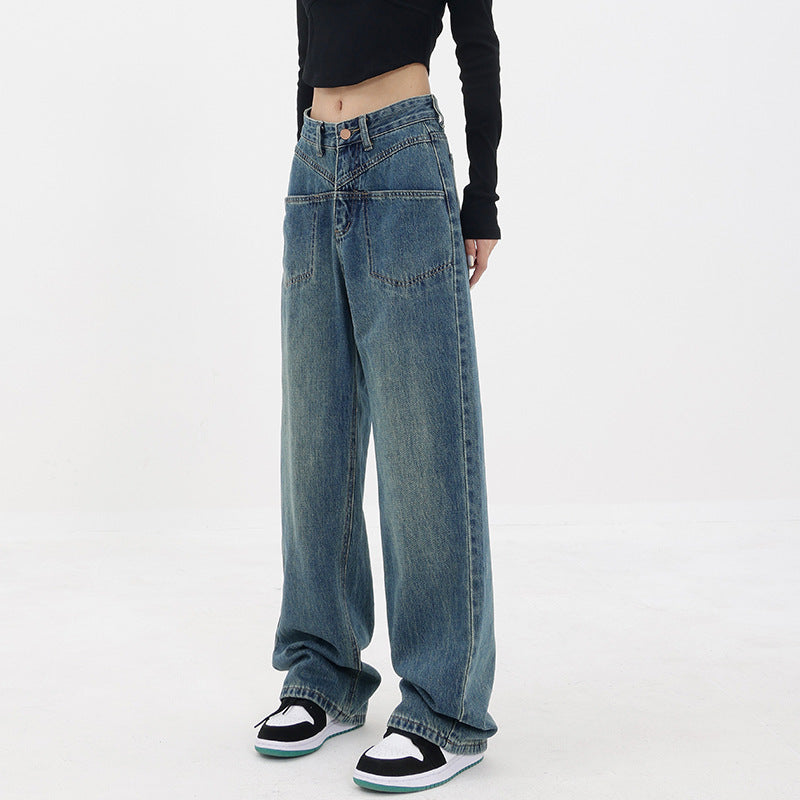 Retro Wash Straight Leg Jeans Women's Spring And Fall New Loose Wide Leg Mopping Trousers