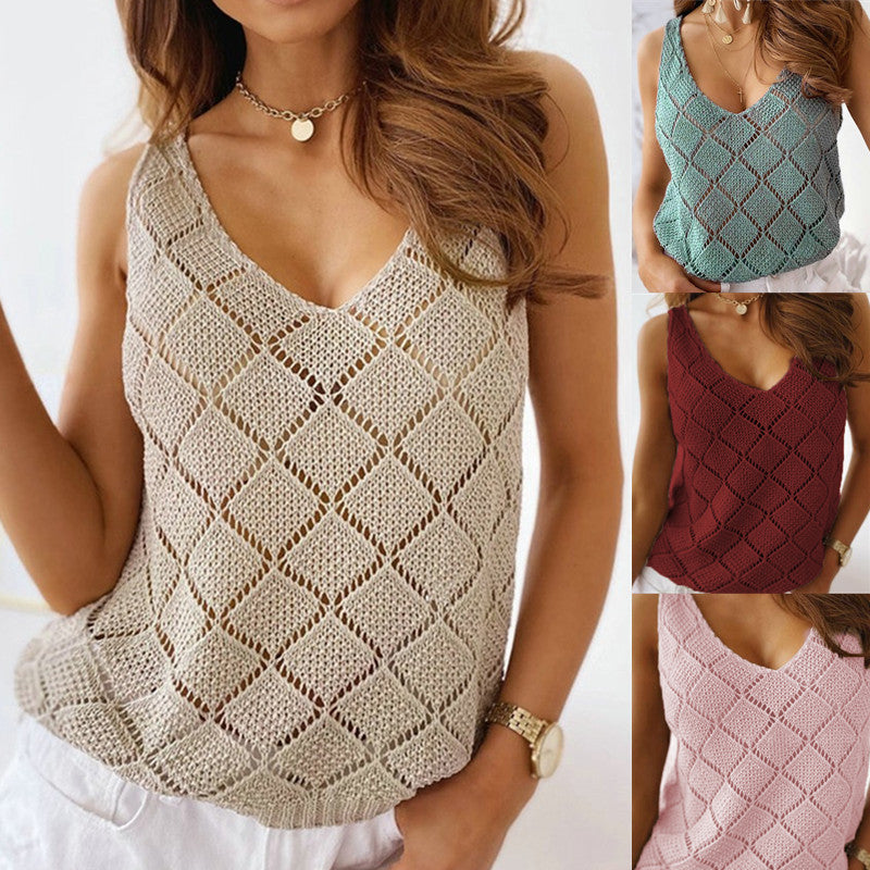 Summer New Diamond Hollow V-Neck Mature Solid Color Knit Sweater Vest Women