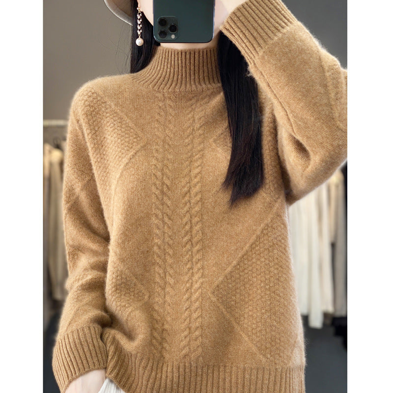 Diamond Twist Thickened Half Turtleneck 100 Woolen Sweater Women's Loose Pullover Long-Sleeved Base Sweater